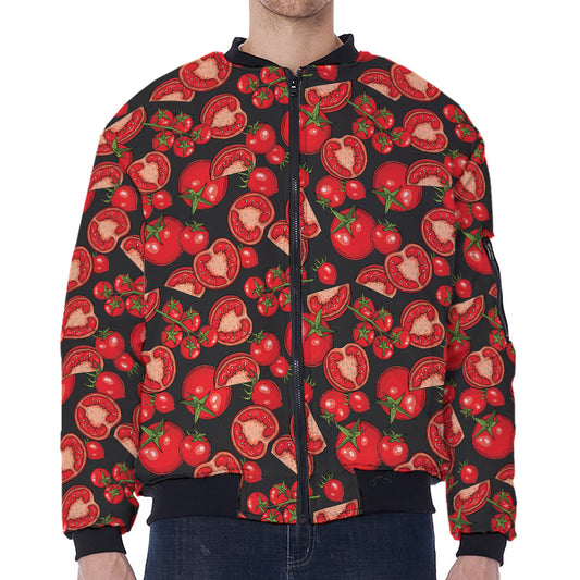 Red Ripe Tomatoes Pattern Print Zip Sleeve Bomber Jacket