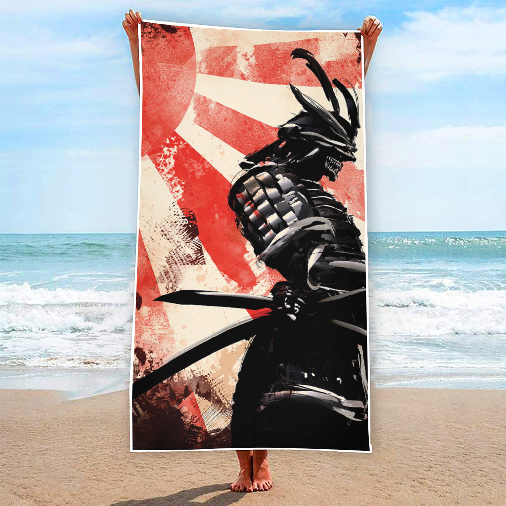 Red Rising Sun Samurai Print Beach Towel