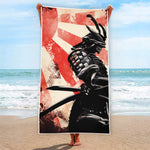 Red Rising Sun Samurai Print Beach Towel