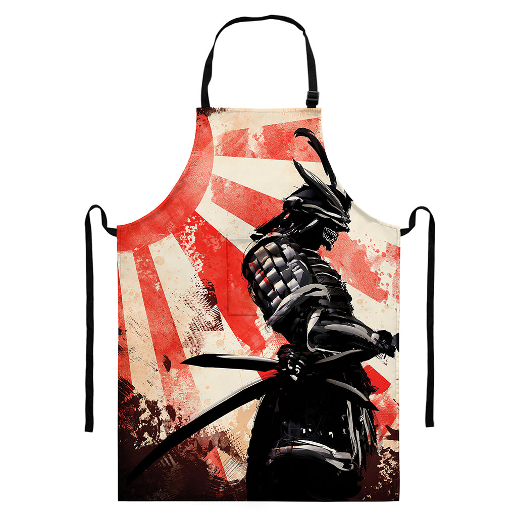 Red Rising Sun Samurai Print Bib Apron With Pocket