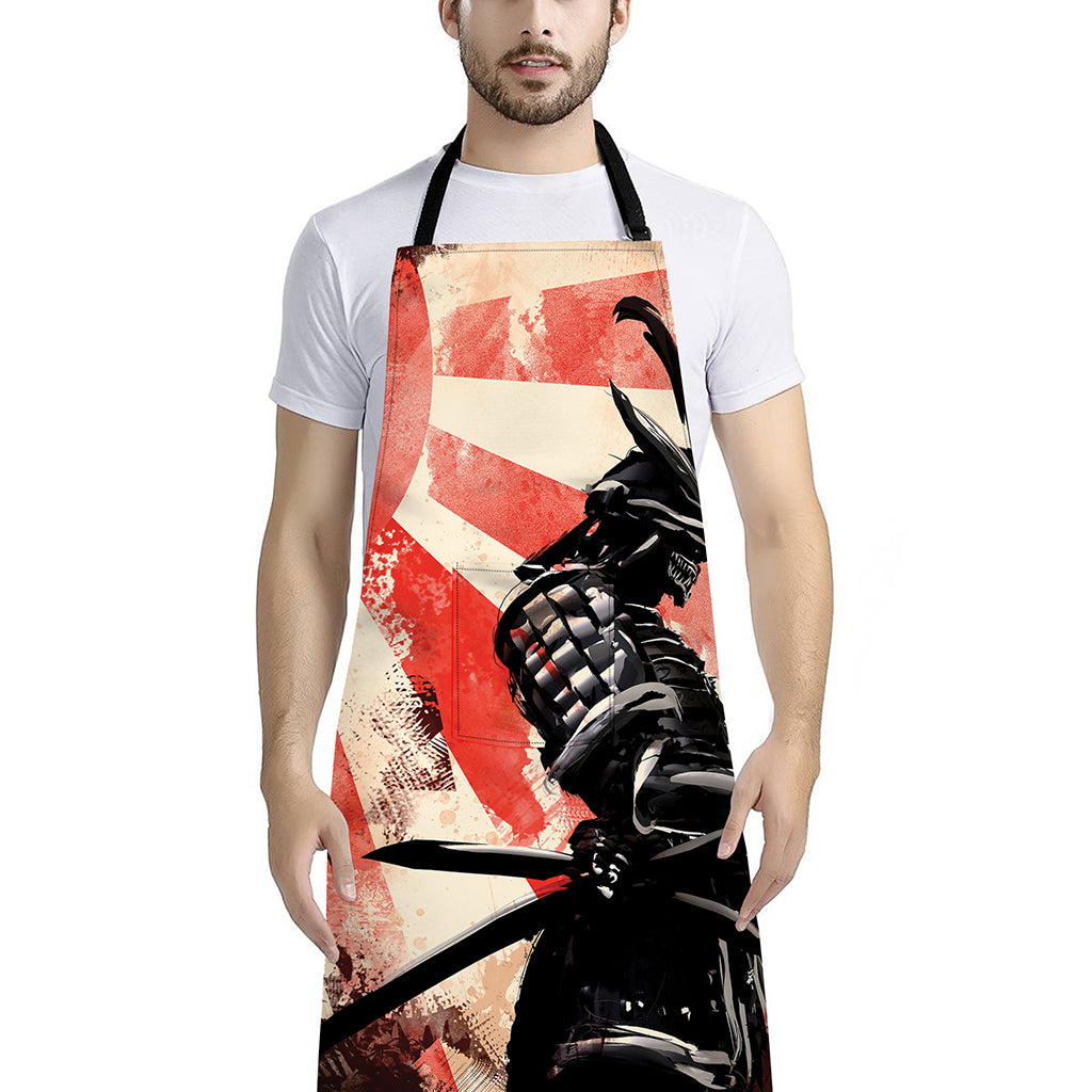 Red Rising Sun Samurai Print Bib Apron With Pocket