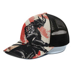 Red Rising Sun Samurai Print Black Mesh Trucker Cap