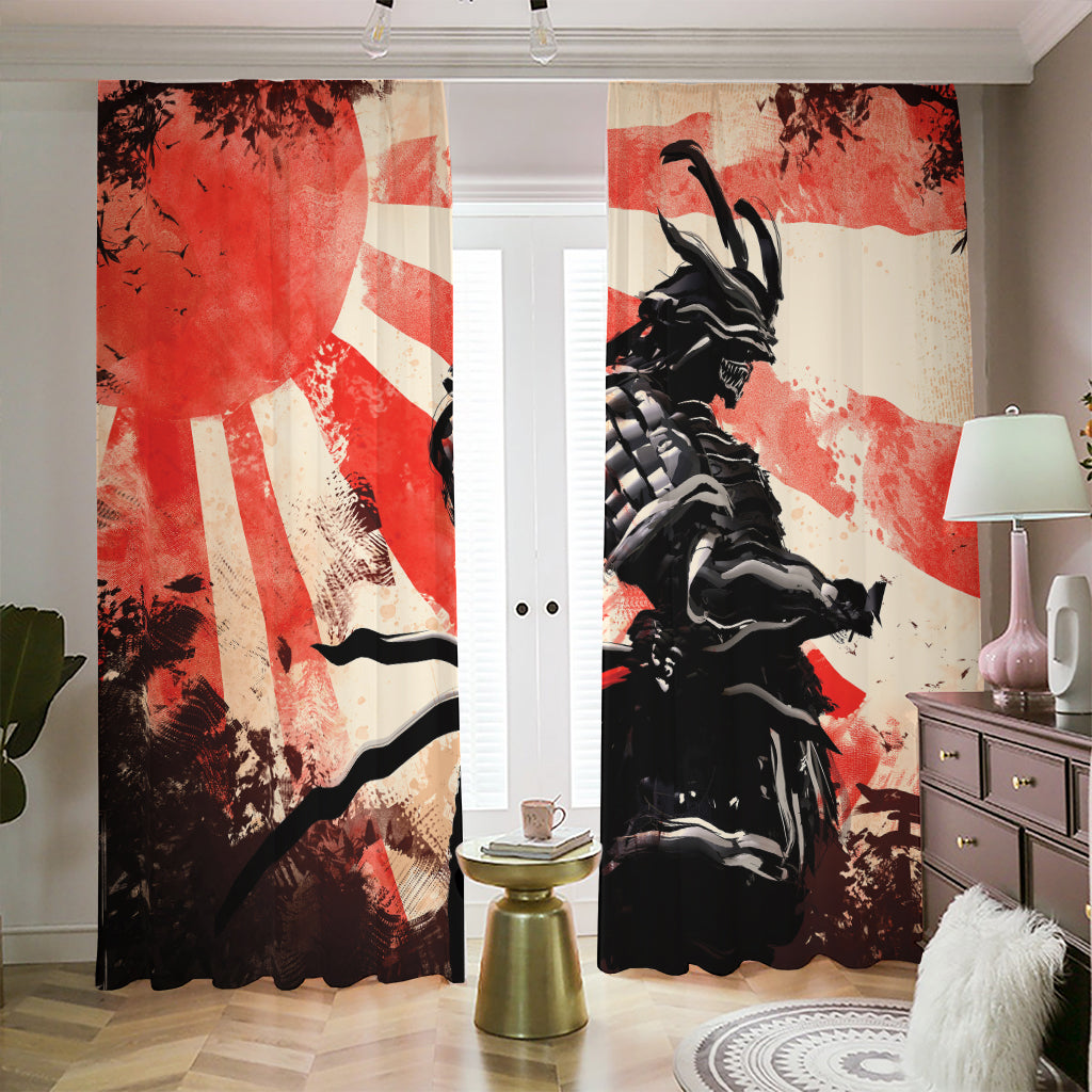 Red Rising Sun Samurai Print Blackout Pencil Pleat Curtains