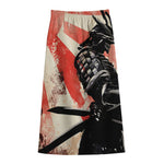 Red Rising Sun Samurai Print Cotton Front Slit Maxi Skirt
