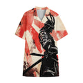 Red Rising Sun Samurai Print Cotton Hawaiian Shirt