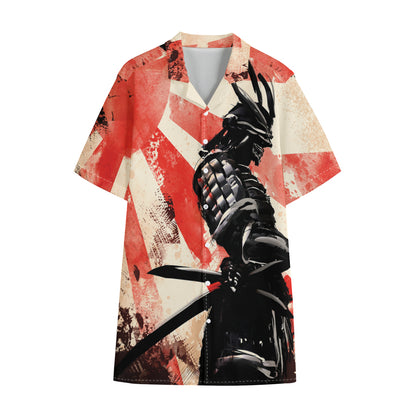 Red Rising Sun Samurai Print Cotton Hawaiian Shirt
