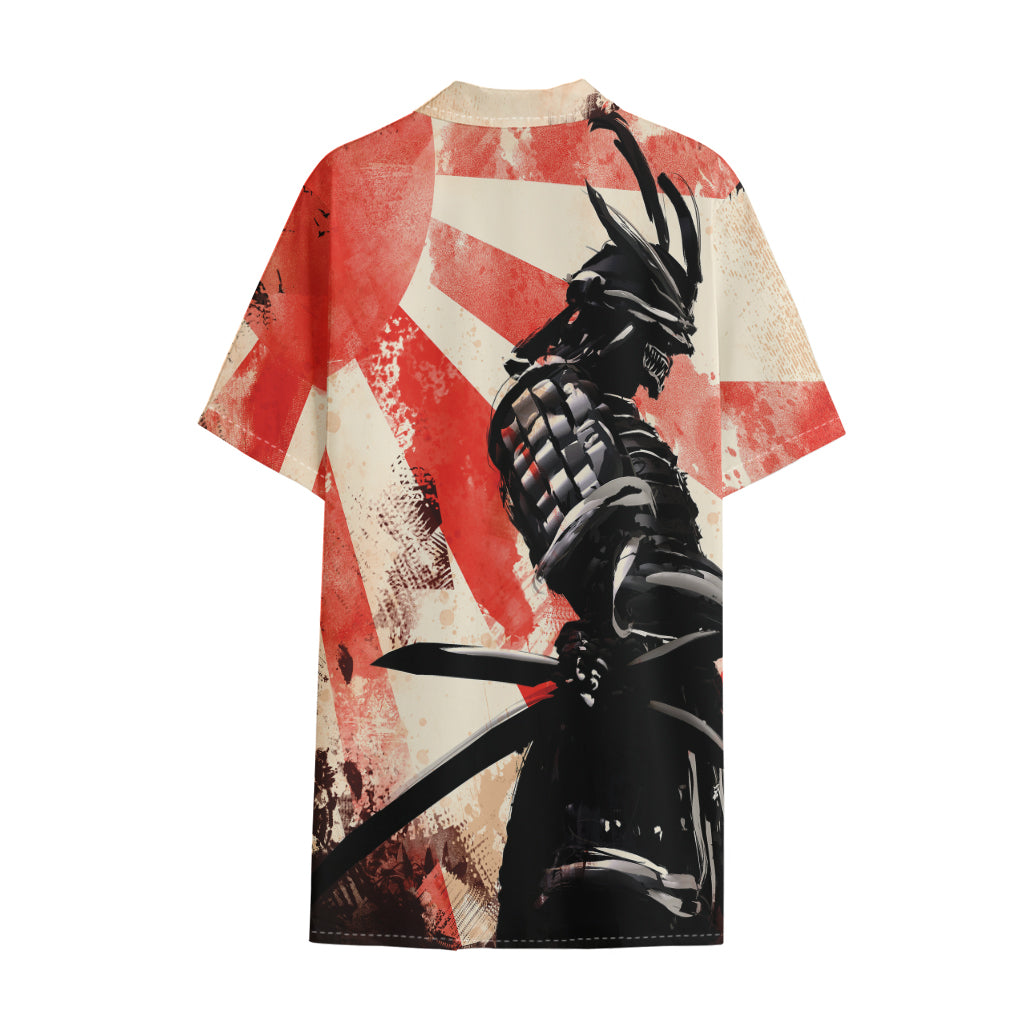 Red Rising Sun Samurai Print Cotton Hawaiian Shirt