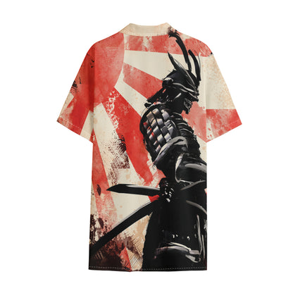 Red Rising Sun Samurai Print Cotton Hawaiian Shirt