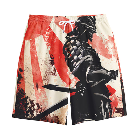 Red Rising Sun Samurai Print Cotton Shorts