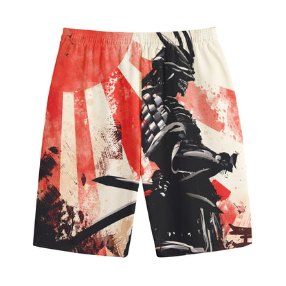 Red Rising Sun Samurai Print Cotton Shorts