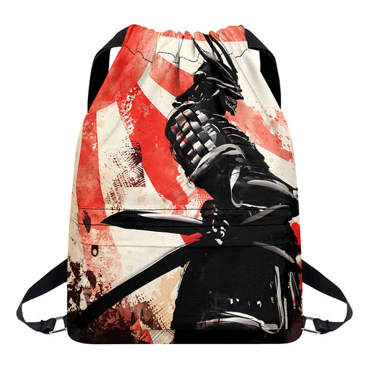 Red Rising Sun Samurai Print Drawstring Backpack