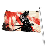 Red Rising Sun Samurai Print Flag