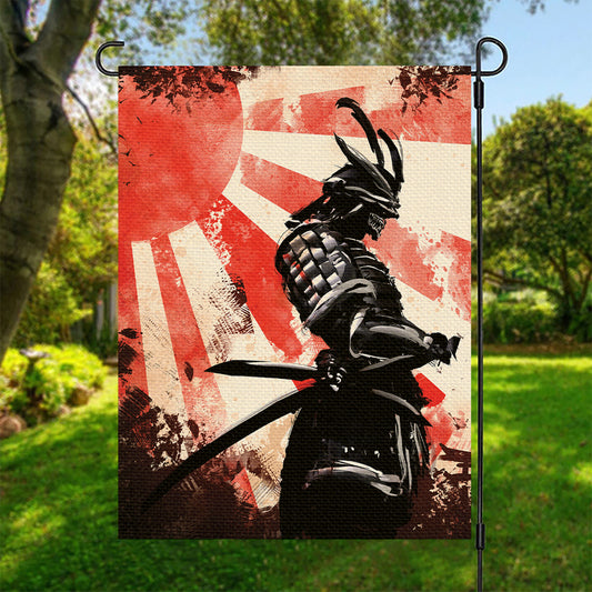 Red Rising Sun Samurai Print Garden Flag