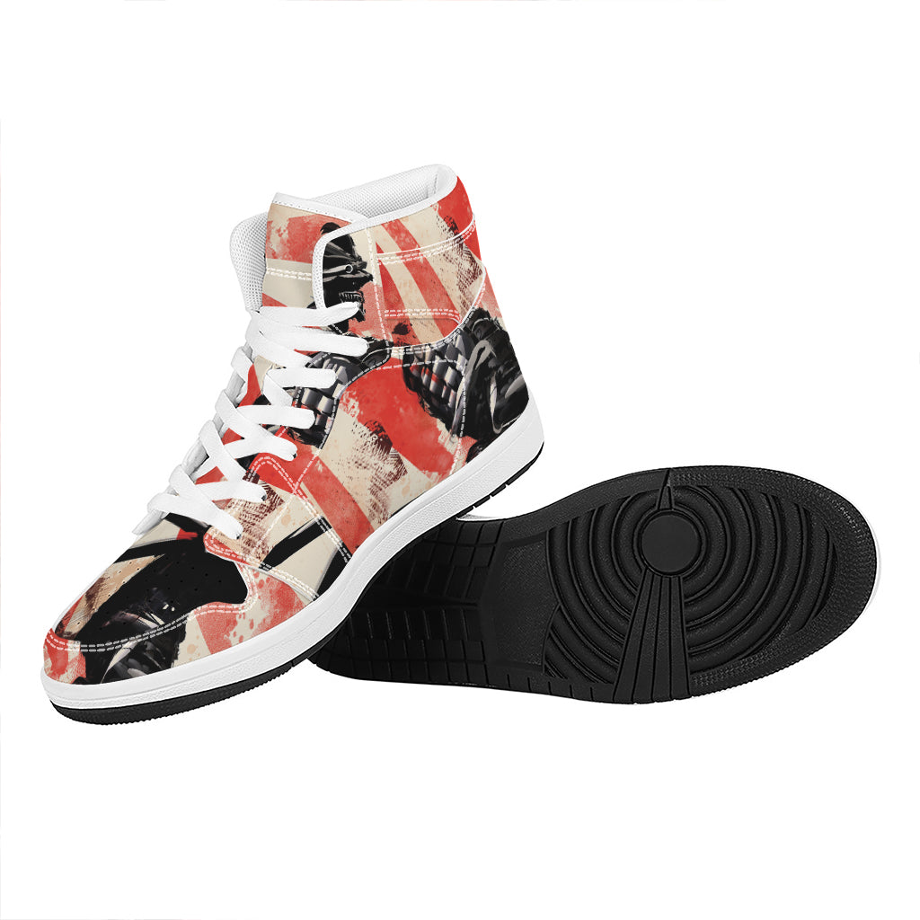 Red Rising Sun Samurai Print High Top Leather Sneakers