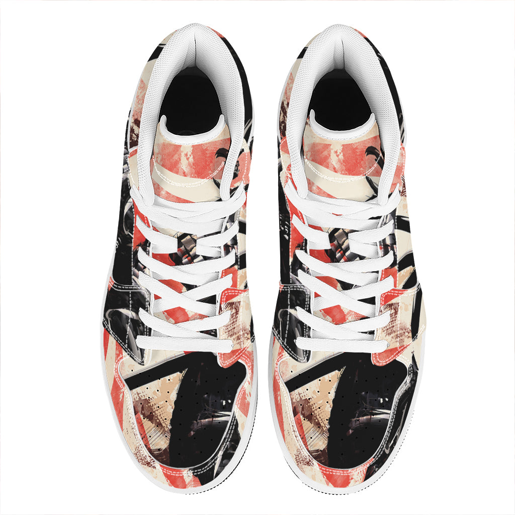 Red Rising Sun Samurai Print High Top Leather Sneakers