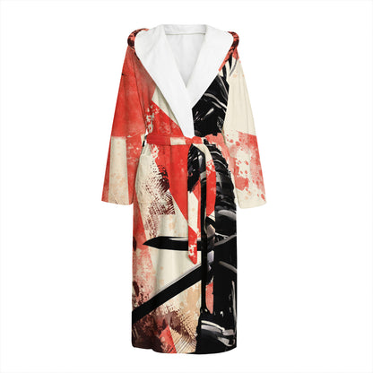 Red Rising Sun Samurai Print Hooded Bathrobe