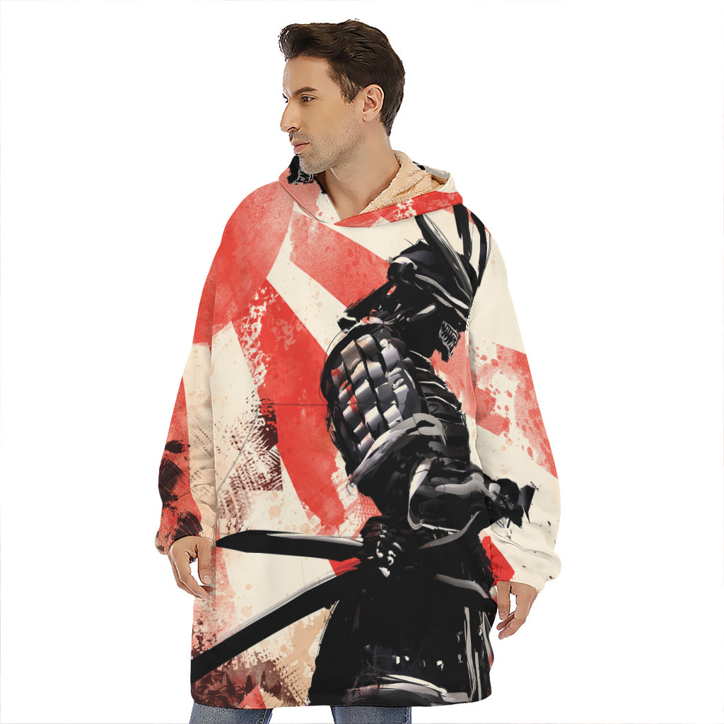 Red Rising Sun Samurai Print Hoodie Blanket