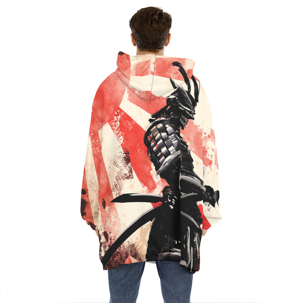 Red Rising Sun Samurai Print Hoodie Blanket