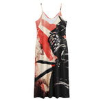 Red Rising Sun Samurai Print Jersey Midi Cami Dress