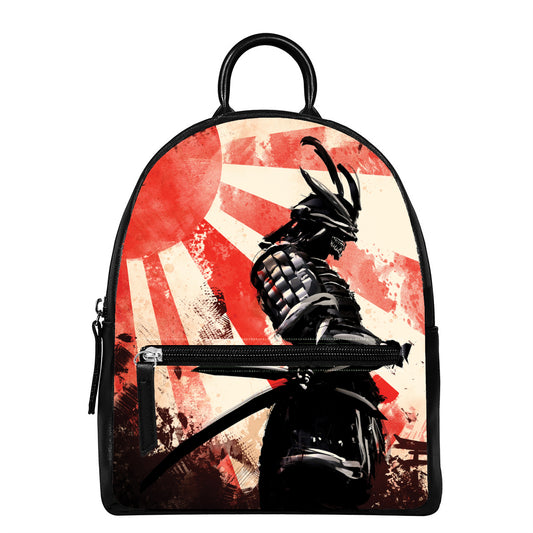 Red Rising Sun Samurai Print Leather Backpack