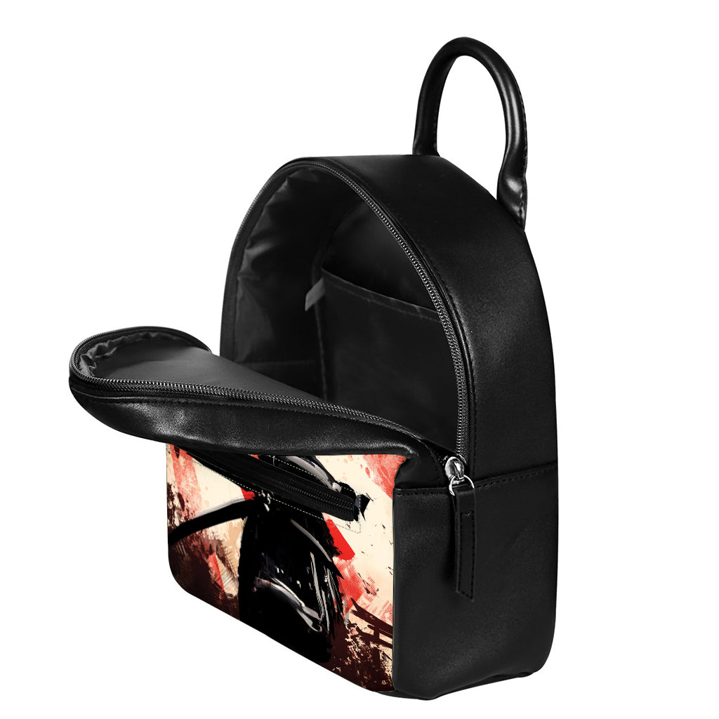 Red Rising Sun Samurai Print Leather Backpack