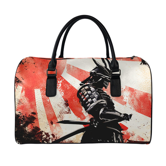 Red Rising Sun Samurai Print Leather Duffle Bag