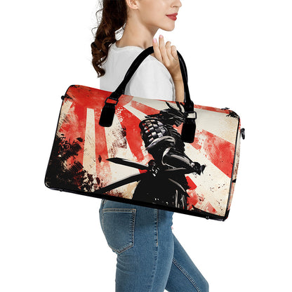 Red Rising Sun Samurai Print Leather Duffle Bag