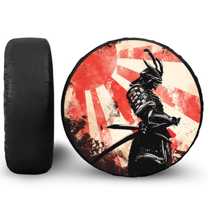 Red Rising Sun Samurai Print Leather Spare Tire Cover