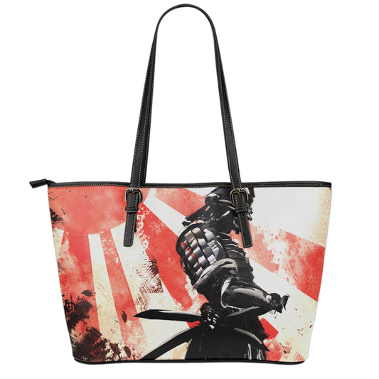 Red Rising Sun Samurai Print Leather Tote Bag
