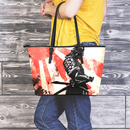 Red Rising Sun Samurai Print Leather Tote Bag