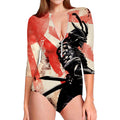Red Rising Sun Samurai Print Long Sleeve Swimsuit