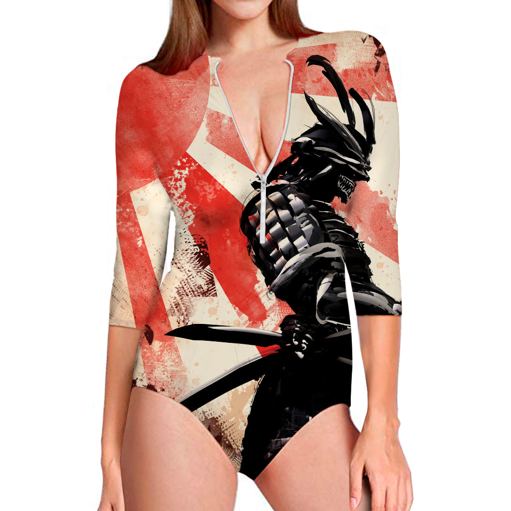 Red Rising Sun Samurai Print Long Sleeve Swimsuit