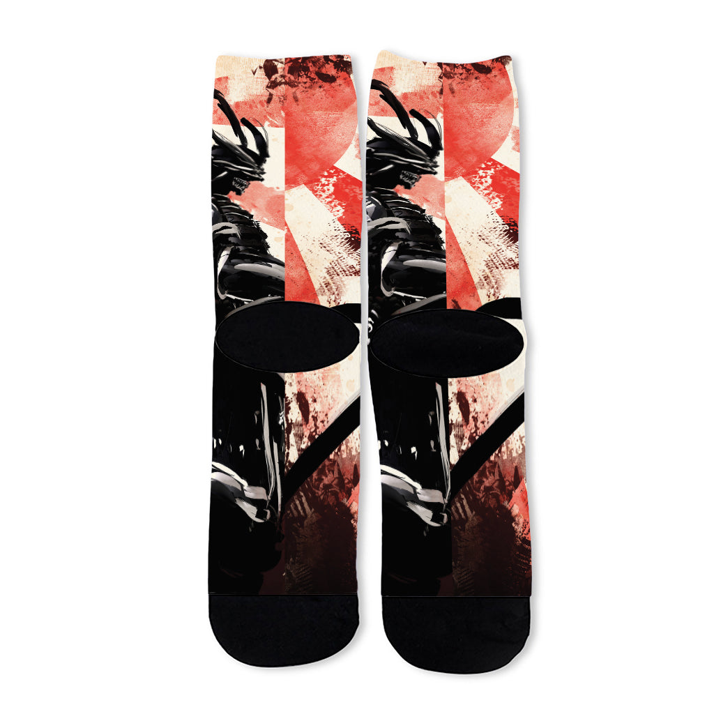 Red Rising Sun Samurai Print Long Socks
