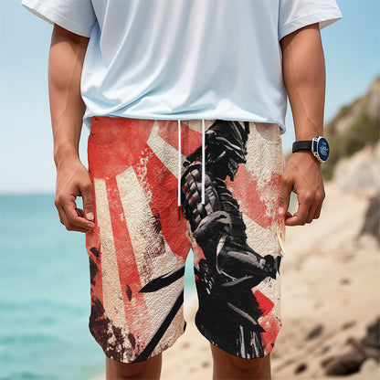 Red Rising Sun Samurai Print Men's Cargo Shorts