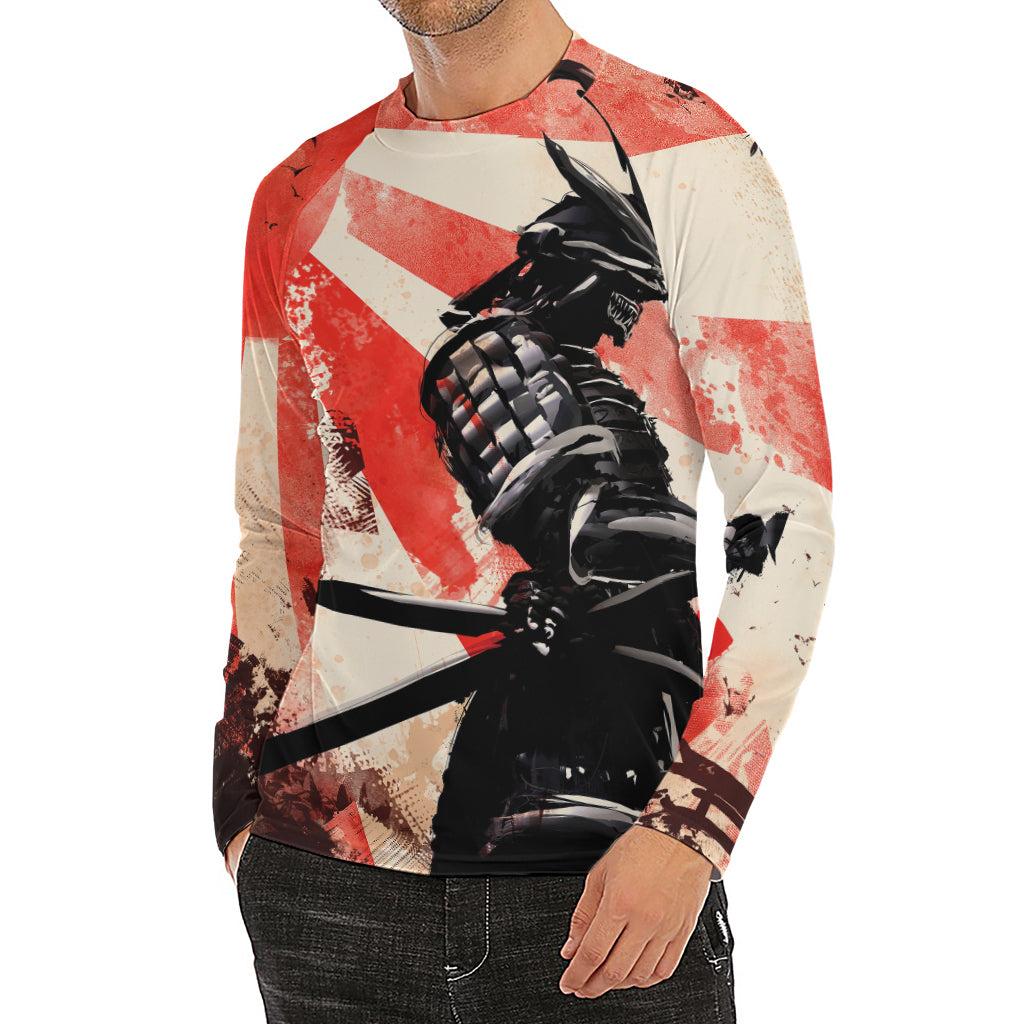Red Rising Sun Samurai Print Men's Long Sleeve Rash Guard