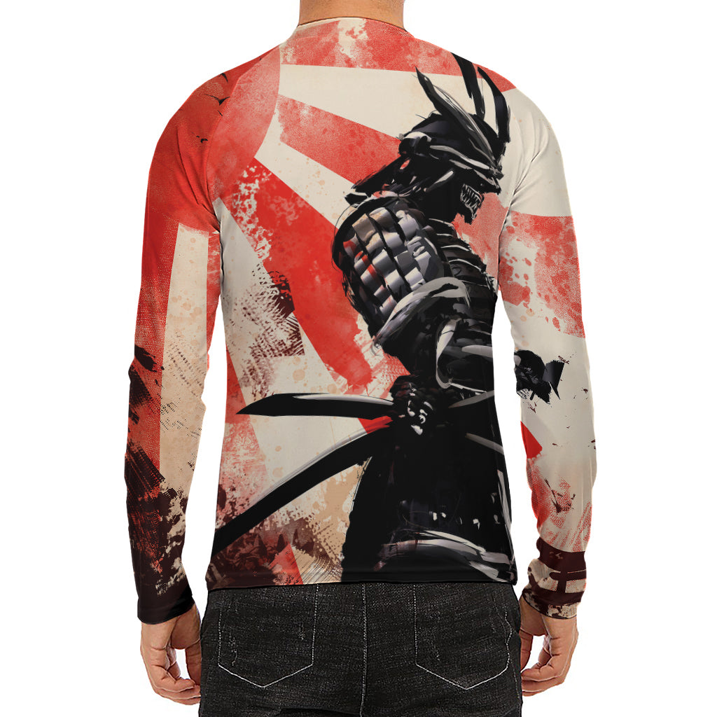 Red Rising Sun Samurai Print Men's Long Sleeve Rash Guard