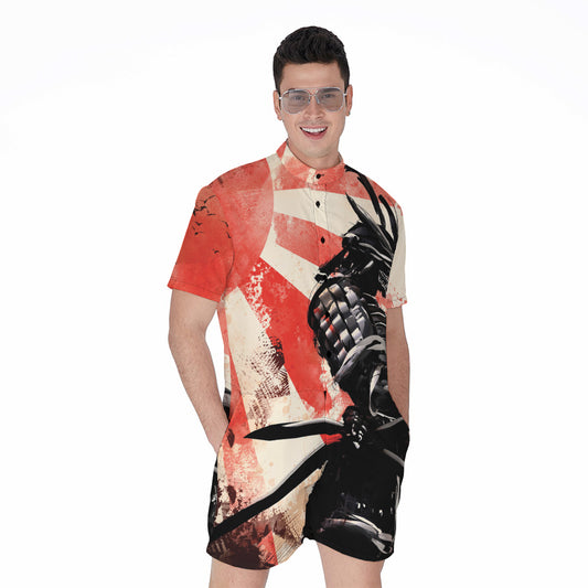 Red Rising Sun Samurai Print Men's Rompers