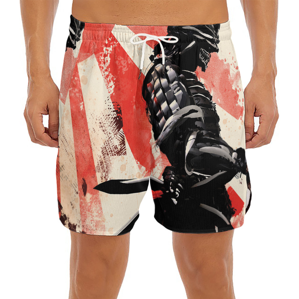 Red Rising Sun Samurai Print Men's Split Running Shorts