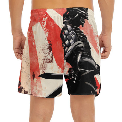 Red Rising Sun Samurai Print Men's Split Running Shorts