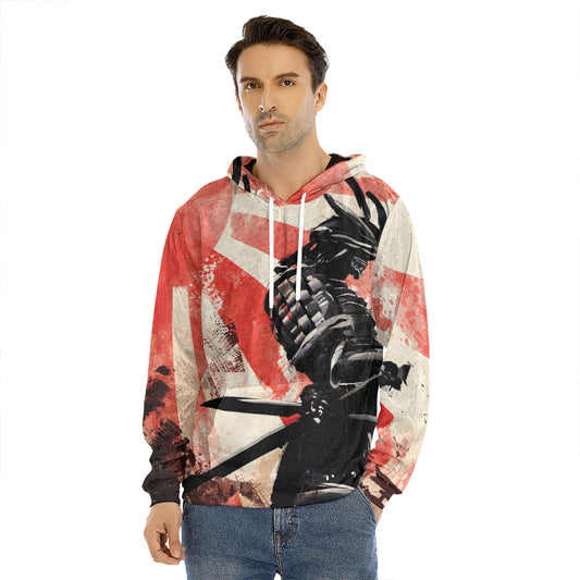 Red Rising Sun Samurai Print Men's Velvet Pullover Hoodie