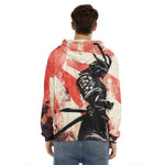 Red Rising Sun Samurai Print Men's Velvet Pullover Hoodie