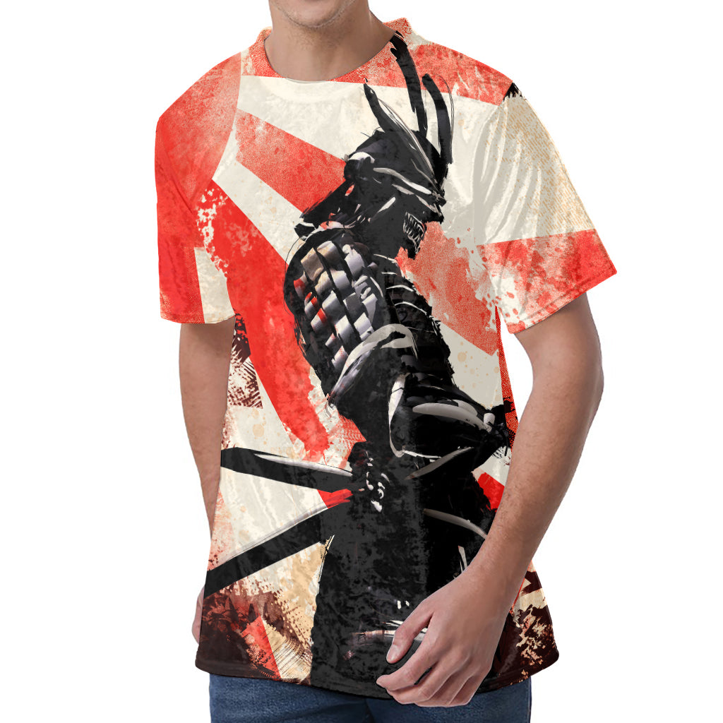 Red Rising Sun Samurai Print Men's Velvet T-Shirt