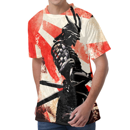 Red Rising Sun Samurai Print Men's Velvet T-Shirt
