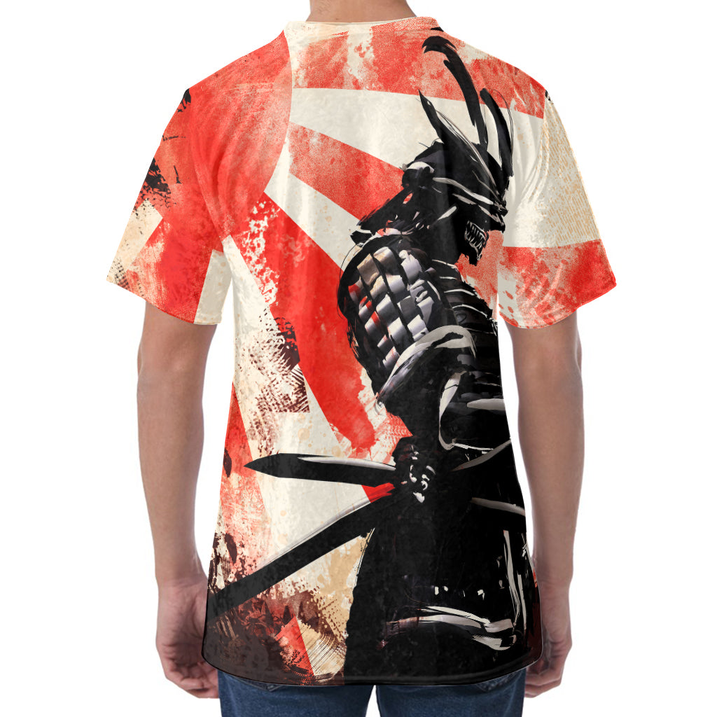 Red Rising Sun Samurai Print Men's Velvet T-Shirt