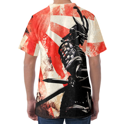 Red Rising Sun Samurai Print Men's Velvet T-Shirt