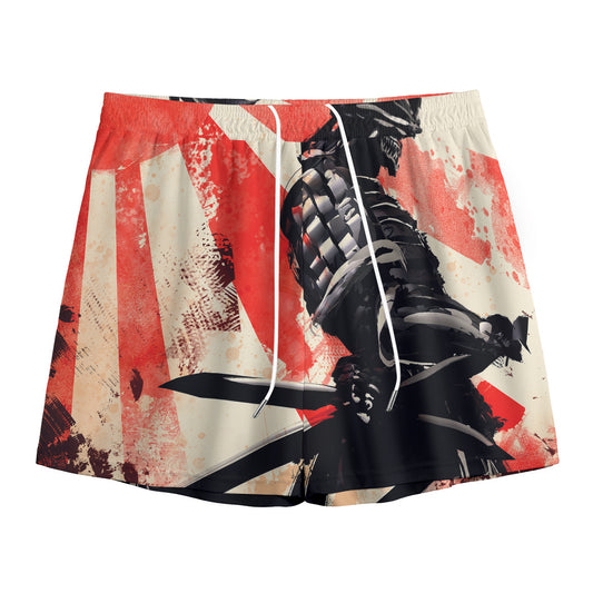 Red Rising Sun Samurai Print Mesh Shorts
