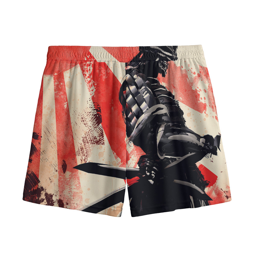 Red Rising Sun Samurai Print Mesh Shorts