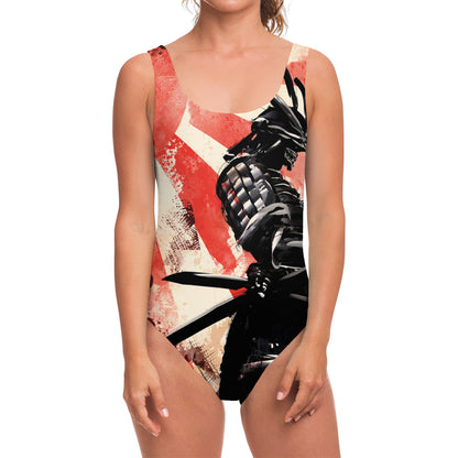 Red Rising Sun Samurai Print One Piece Swimsuit