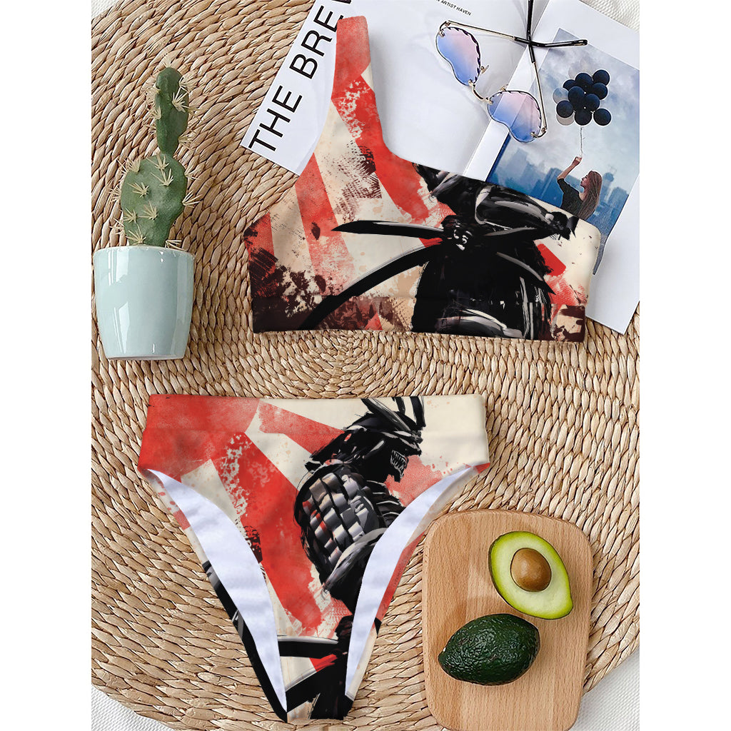 Red Rising Sun Samurai Print One Shoulder Bikini Top