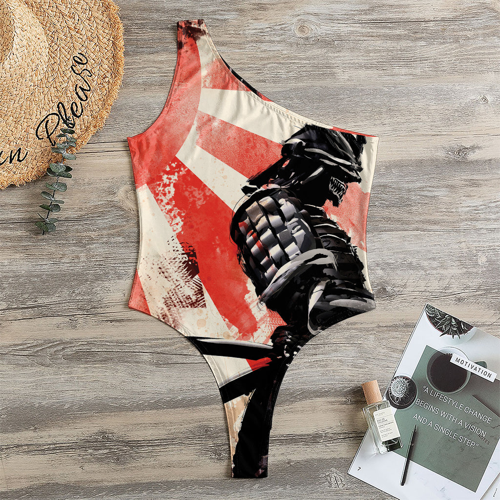 Red Rising Sun Samurai Print One Shoulder Bodysuit